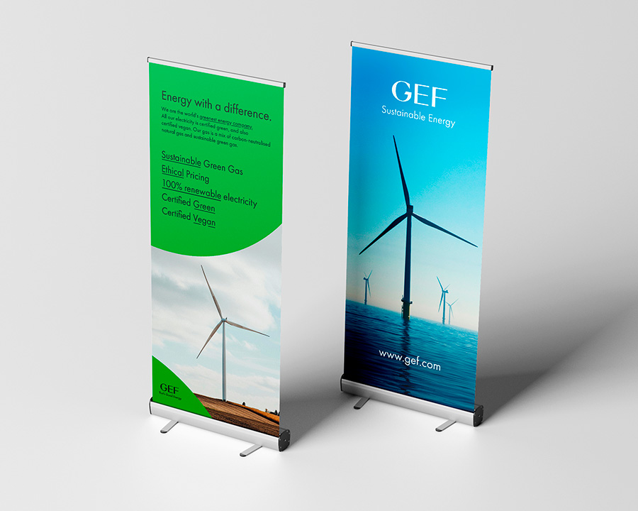 Two roller banners featuring vibrant graphics, ideal for trade shows, events, or promotional displays.